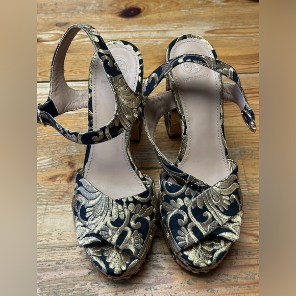 Tory Burch Shoes - Tory Burch Black And Gold Embroidered Brocade Loretta Platform Sandal